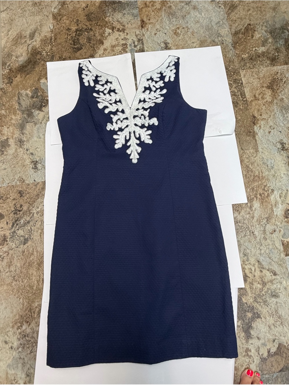 Lily Pulitzer Sleeveless Navy Dress with White sequinV-Neck/back zip